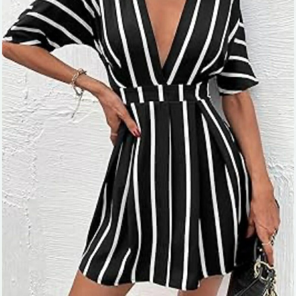Striped Plunging Neckline Fold Pleated Dress L